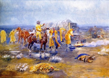 印象派 Painting - 雨の朝 1904 チャールズ マリオン ラッセル インディアナ州のカウボーイ